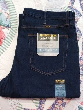 Rustler Men's Relaxed Fit Jeans in Dark Indigo Blue 36" W x 32" L